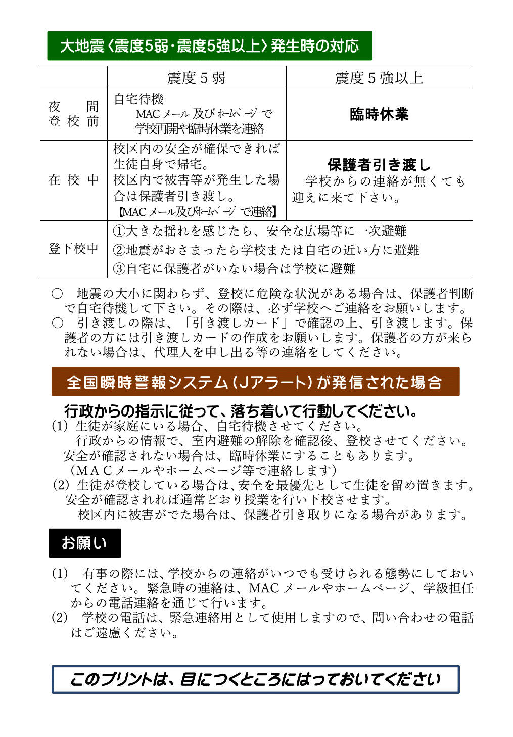 久谷中学校　非常変災時の対応２